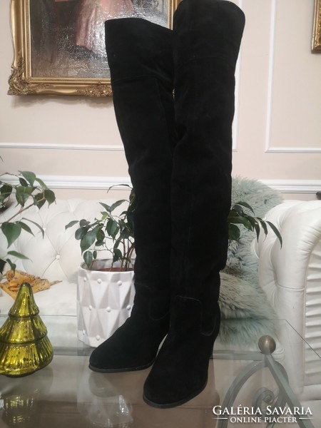 Indiai 39-es harisnyacsizma, fekete velúrbőr combcsizma 70 cm