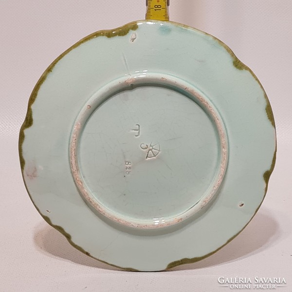 Körmöcbánya colorful cherry pattern, pale blue glazed hard ceramic small plate (2871)