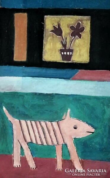 Dávid Lehel: Virág, macska, kutya és két nő című festménye 2005-ből