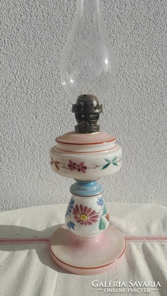 Painted milk glass table kerosene lamp, flawless, 50 cm high