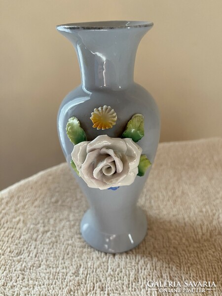 Porcelain small vase with roses, pale blue, marked