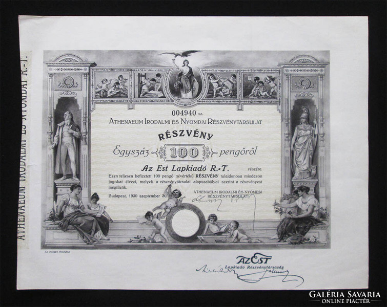 Athenaeum literary and printing company. Share 100 pengő 1930 - mta, Pallas Athena