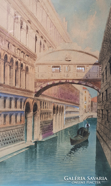 A. Biondetti: Velence, Sóhajok hídja (antik akvarell) itáliai festő, Olaszország