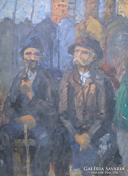 Pihenő öregurak "Mohácsi" jelzéssel (80x60 cm, olaj) kettős portré, paraszti életkép, pipázó