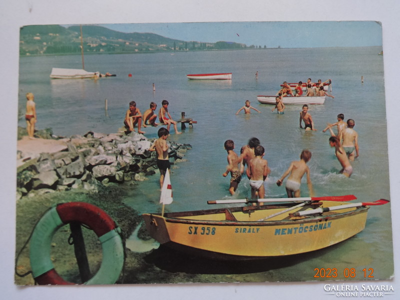 Old, retro postcard: Balaton, beachgoers (1970)
