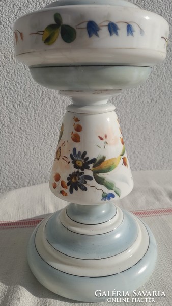 Painted milk glass table kerosene lamp, defective, 52 cm high