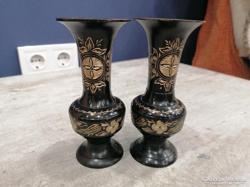 2 painted carved copper vases.