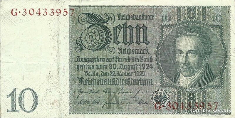 10 reichsmark 1929 Németország Vízjel A.Truer