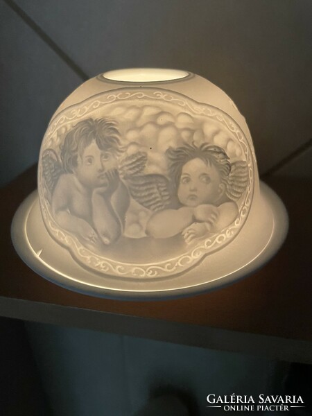 Különleges litofán porcelán mécsestartó angyalkás