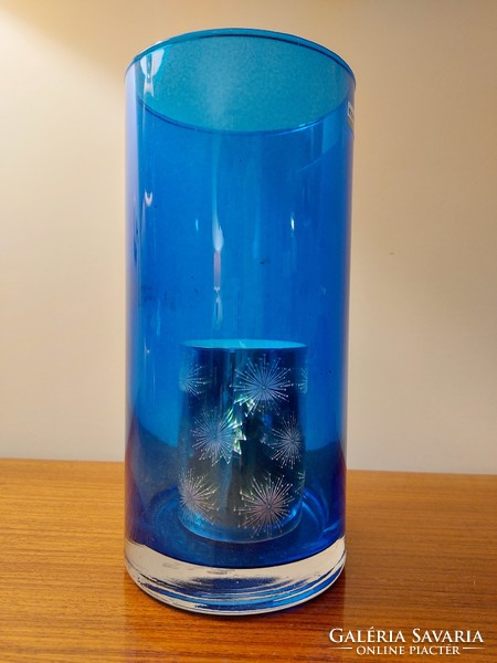 Kék üvegváza dekor henger alakú váza 26 cm
