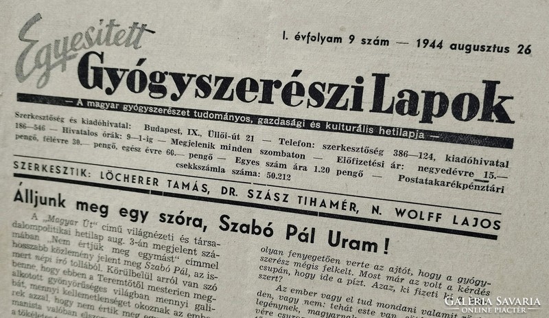 1944 augusztus 26  /  Egyesített Gyógyszerészi Lapok   /  Ajándékba :-) Eredeti, régi ÚJSÁG