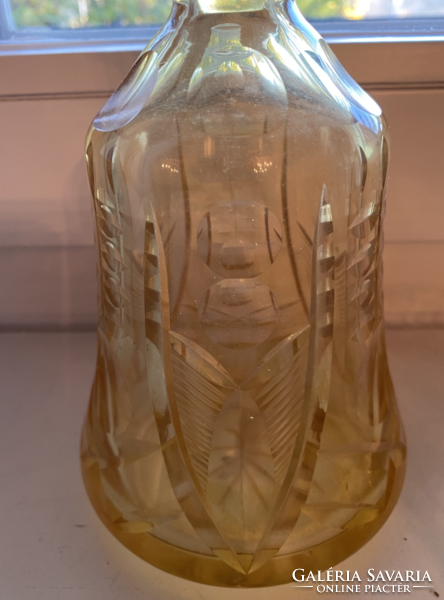Sárga metszett üveg likőrös pálinkás palack és 6 darabos pohár készlet