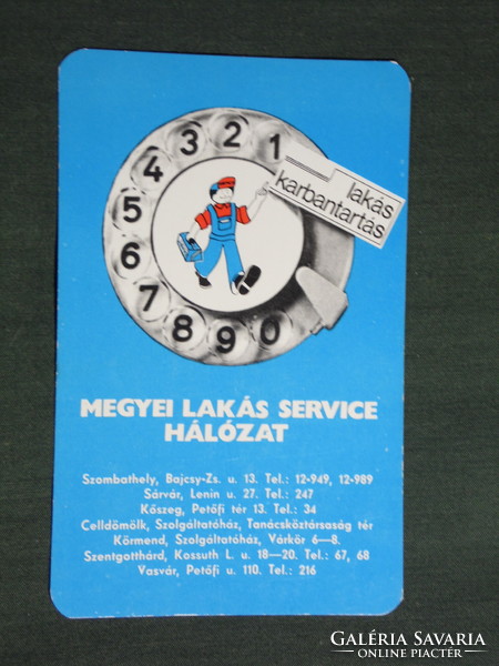 Kártyanaptár, Lakáskarbantartó szöv, Szombathely,Sáevár,Kőszeg,Vasvár, reklám figura,1979,   (4)
