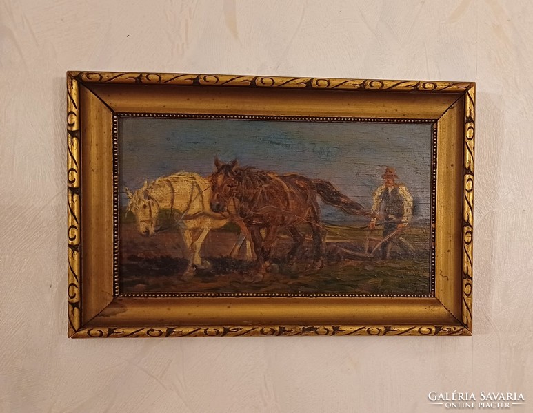 Antique painting of horses, painted with two horses. Signed Lajos Korpàcs