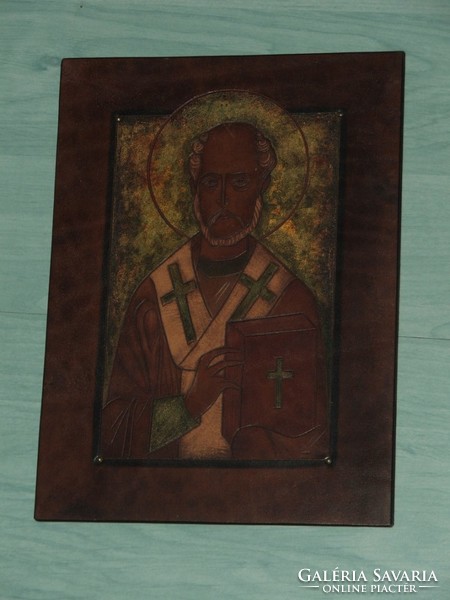 István Balla leather icon - Saint Nicholas? Juried work from the '80s