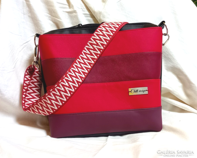 Red-black women's side bag, crossbody bag with red strap