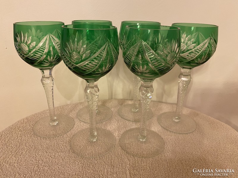 6 darabos kézzel metszett zöld ólomkristály talpas boros pohár készlet