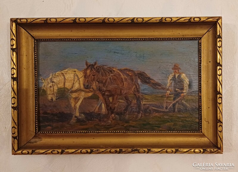 Antique painting of horses, painted with two horses. Signed Lajos Korpàcs