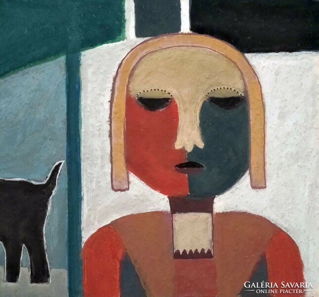 Dávid Lehel: Virág, macska, kutya és két nő című festménye 2005-ből