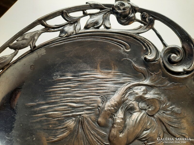 Art Nouveau figural pewter bowl, marked mh 20
