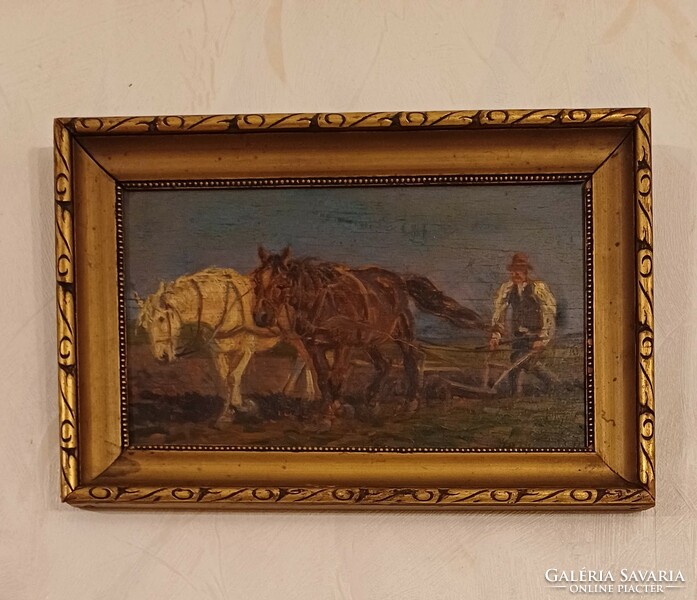 Antique painting of horses, painted with two horses. Signed Lajos Korpàcs