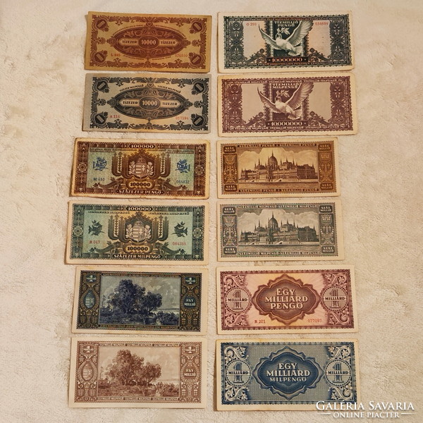 Pengő-milpengő even series from 1945/46: from 10 thousand to 1 billion (vf-vg) | 12 banknotes