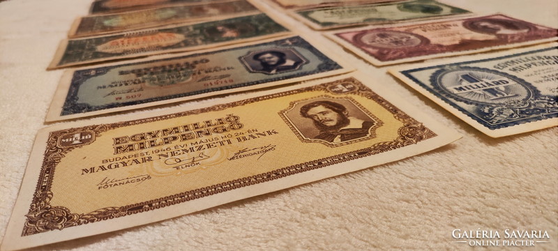Pengő-milpengő páros sor 1945/46-ból: 10 ezertől 1 milliárdig (VF-VG) | 12 db bankjegy