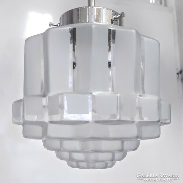Art deco - streamlined nickel-plated ceiling lamp renovated - special-shaped acid-stained glass shade