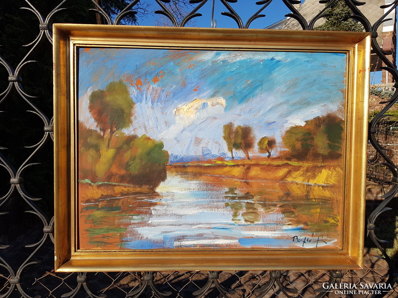 Bozsó János: Tiszapart, olaj, farost 60x80 cm, aranyos képkeret, festmény, tájkép