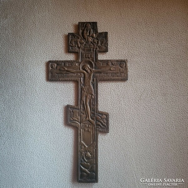 Cc. 100 Years Bronze Road Icon. Orthodox, Russian, Pravoslav double cross, crucifix, Jesus Christ