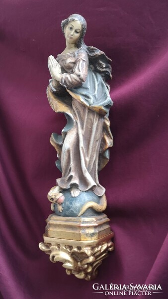 Madonna szobor konzollal, 1800-as évek - faragott, festett, késő barokk alkotás, Szűz Mária