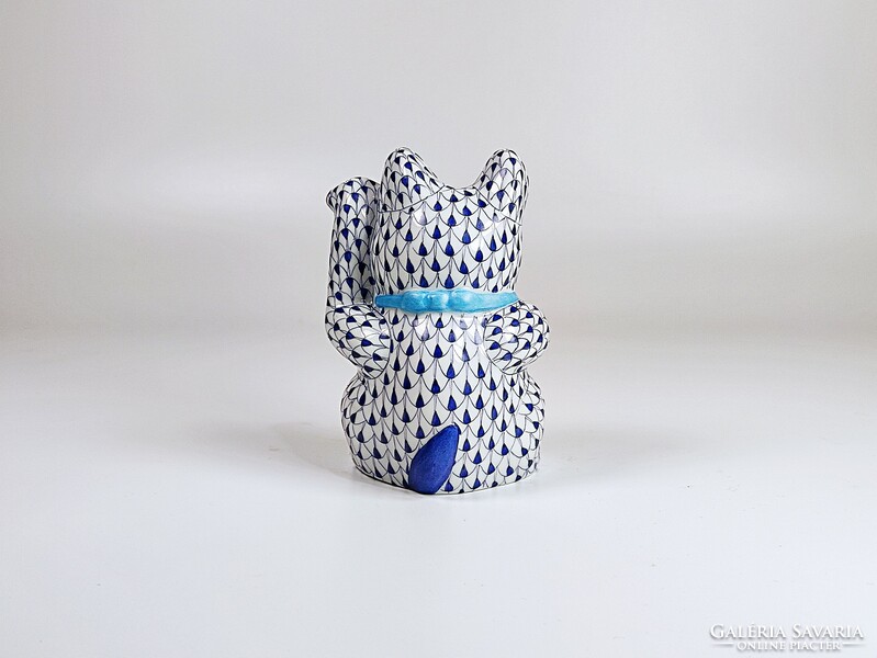 Herend dark blue vh pattern waving cat, hand painted porcelain figure! (D021)