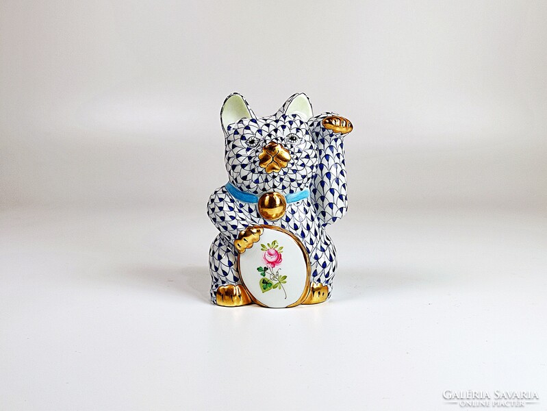 Herend dark blue vh pattern waving cat, hand painted porcelain figure! (D021)