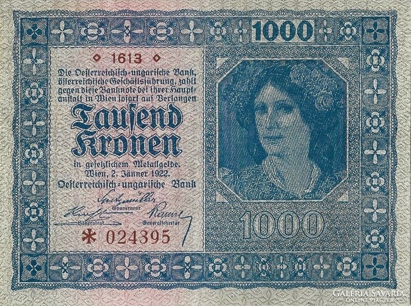 1000 Korona kronen 1922 Austria 3. Aunc