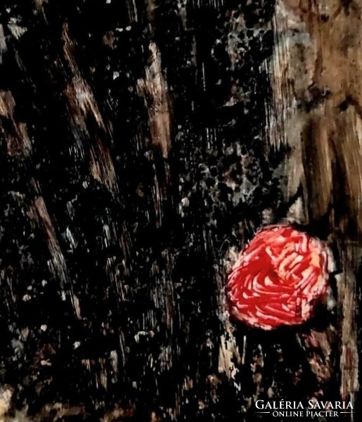 "Vörös rózsa", akril-vegyes technika, 40x30 cm, fa, szignózott