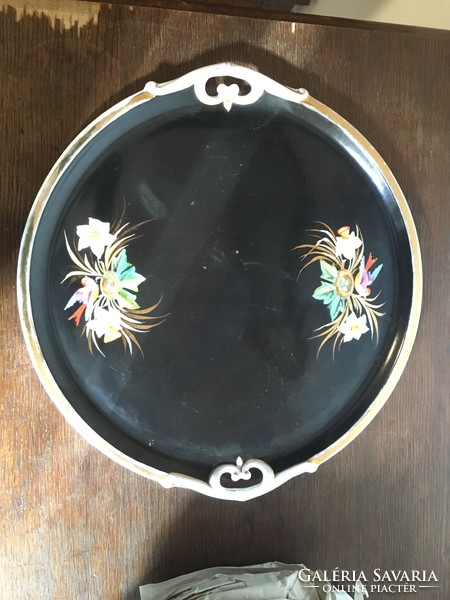 Art Nouveau porcelain serving tray, with a hand-painted flower pattern on the black inner surface.