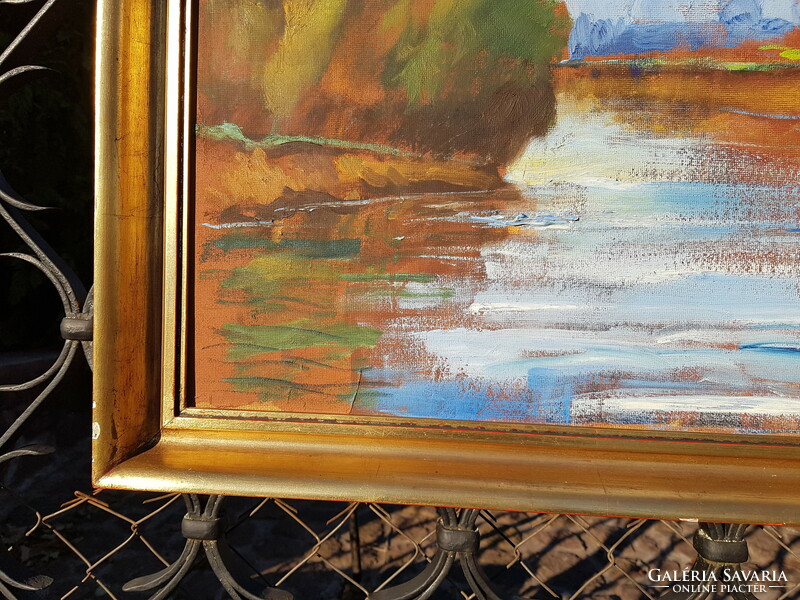 Bozsó János: Tiszapart, olaj, farost 60 x 80 cm, aranyos képkeret, festmény, tájkép
