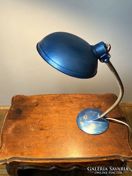 1960 Round metallic blue retro slightly industrial table lamp 46 cm high