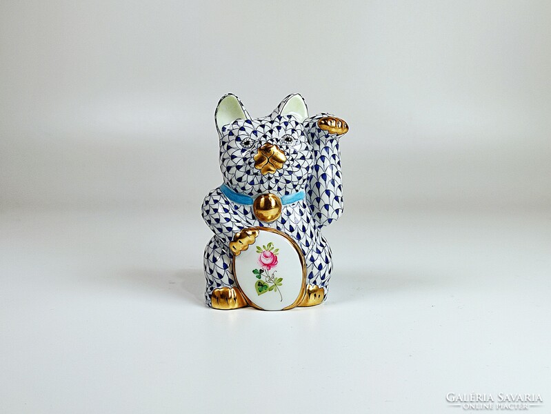 Herend dark blue vh pattern waving cat, hand painted porcelain figure! (D021)