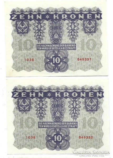 2 x 10 korona kronen 1922 Ausztria 3. UNC sorszámkövető