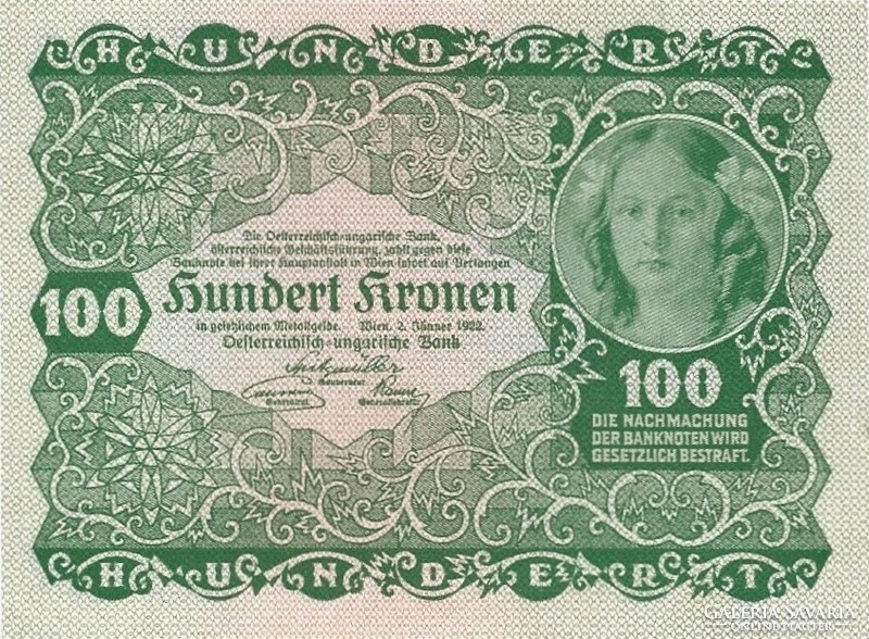 100 korona kronen 1922 Ausztria 2. UNC