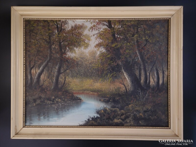 Pleasant atmosphere marked oil on canvas landscape painting stream forest