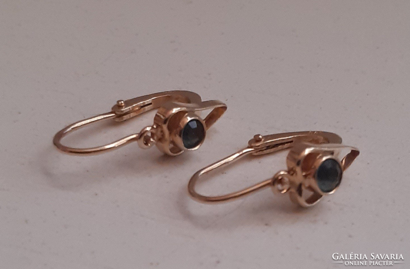 Gold children's baby earrings, 14k, studded with a polished blue set stone