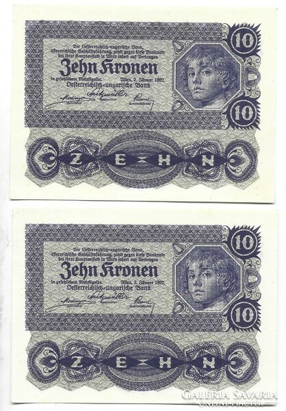 2 x 10 korona kronen 1922 Ausztria 3. UNC sorszámkövető