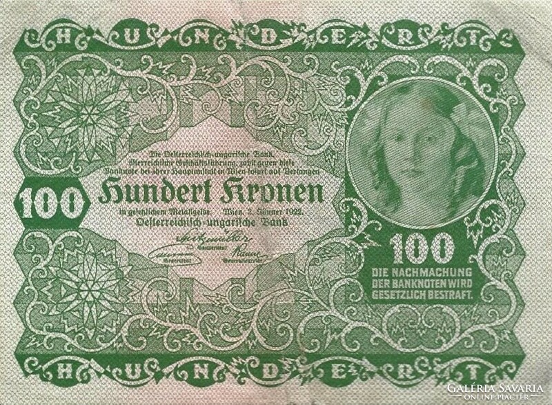 100 Korona kronen 1922 Austria 1.