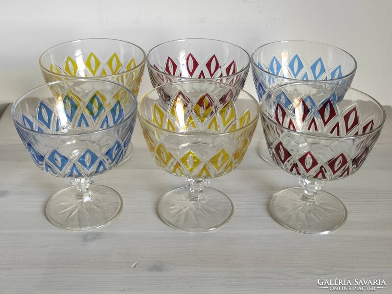 6 db antik csiszolt  festett színes kristály pezsgős pohár