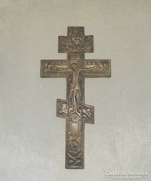 Cc. 100 éves bronz úti ikon. Ortodox, orosz, pravoszlav kettős kereszt, feszület, Jézus Krisztus