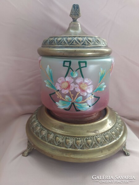 Antique glass sugar bowl with insert, beautiful hand-painted flower decor, flawless, 23x17 cm