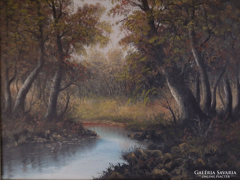 Pleasant atmosphere marked oil on canvas landscape painting stream forest