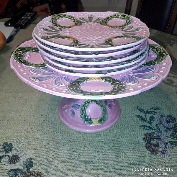 1800s- majolica set - pedestal bowl + 5 plates - art&decoration